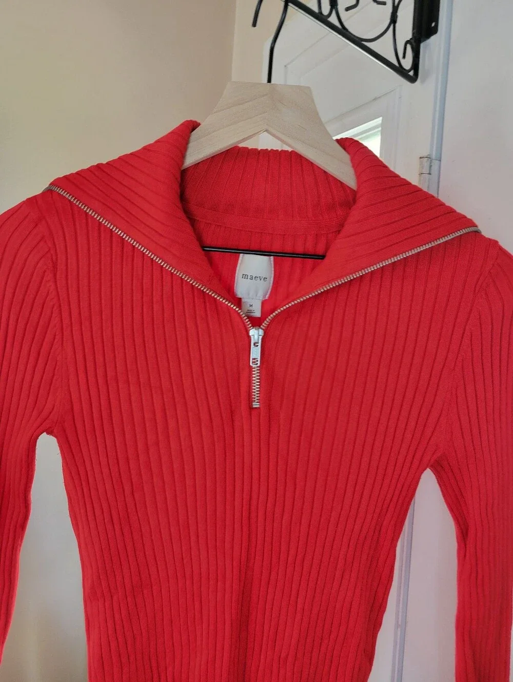 Maeve Anthropologie Fitted Red Ribbed Half-Zip Knit Sweater, Size Womens Medium